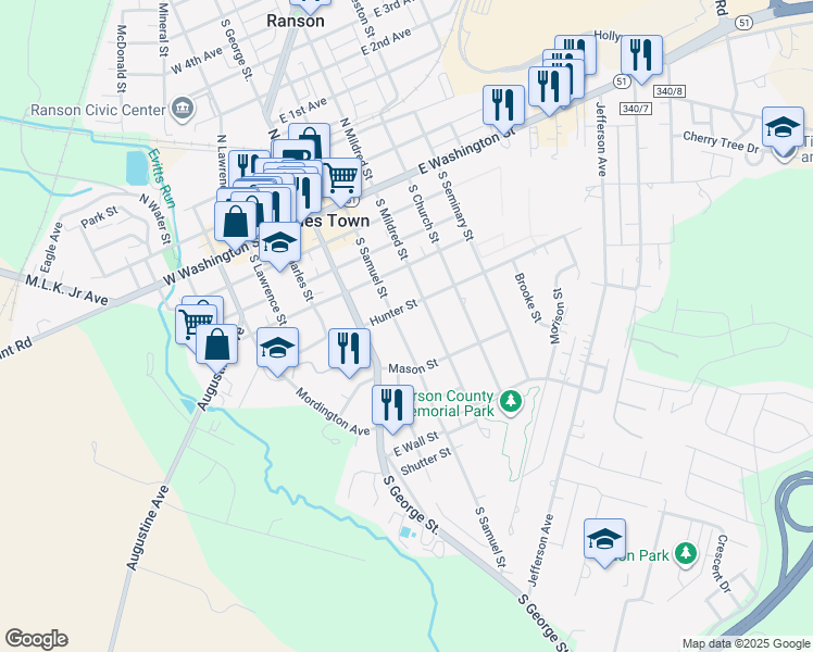 map of restaurants, bars, coffee shops, grocery stores, and more near 515 South Samuel Street in Charles Town