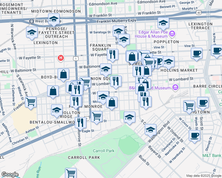 map of restaurants, bars, coffee shops, grocery stores, and more near 113 South Gilmor Street in Baltimore