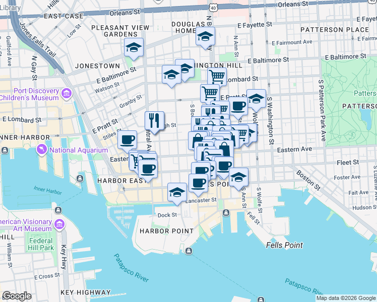 map of restaurants, bars, coffee shops, grocery stores, and more near 433 South Dallas Street in Baltimore