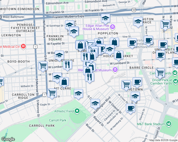 map of restaurants, bars, coffee shops, grocery stores, and more near 1226 West Pratt Street in Baltimore