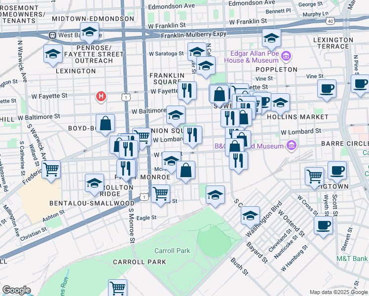 map of restaurants, bars, coffee shops, grocery stores, and more near 113 South Gilmor Street in Baltimore