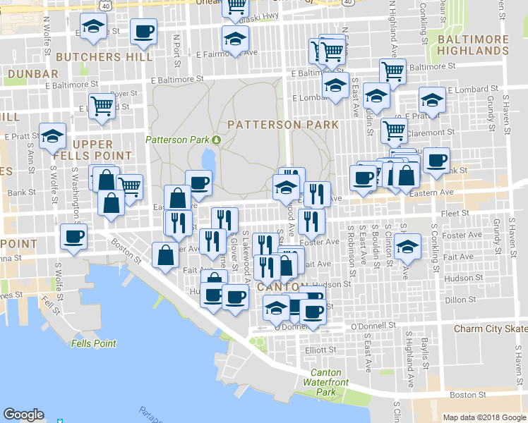 map of restaurants, bars, coffee shops, grocery stores, and more near 506 South Kenwood Avenue in Baltimore