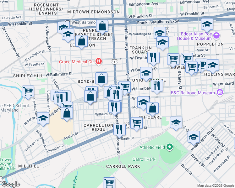 map of restaurants, bars, coffee shops, grocery stores, and more near 109 South Monroe Street in Baltimore