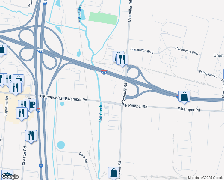 map of restaurants, bars, coffee shops, grocery stores, and more near 11641 Mosteller Road in Cincinnati