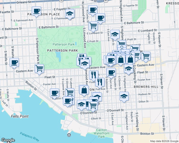 map of restaurants, bars, coffee shops, grocery stores, and more near 512 South Curley Street in Baltimore