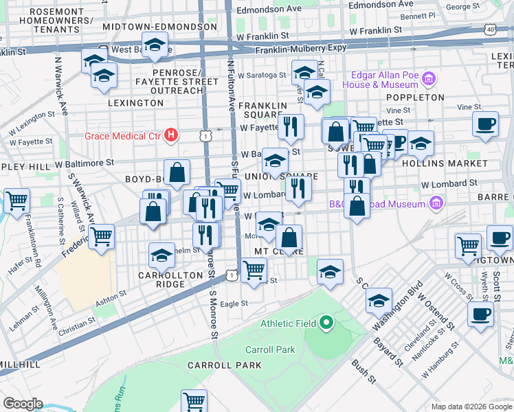 map of restaurants, bars, coffee shops, grocery stores, and more near 118 South Mount Street in Baltimore