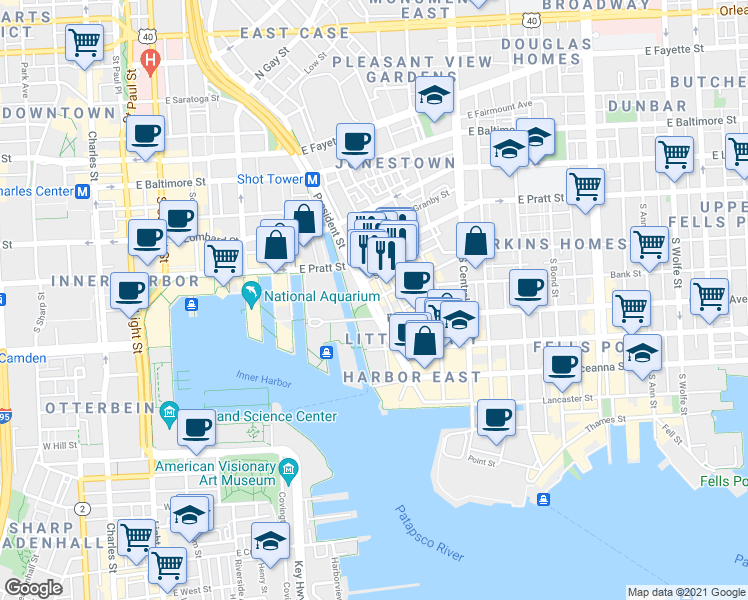 map of restaurants, bars, coffee shops, grocery stores, and more near South President Street & Fawn Street in Baltimore