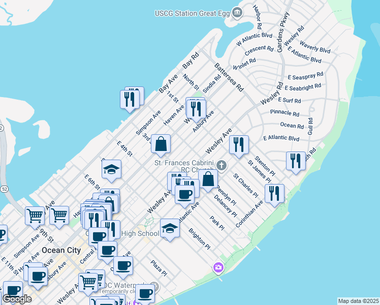 map of restaurants, bars, coffee shops, grocery stores, and more near in Ocean City