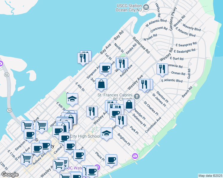 map of restaurants, bars, coffee shops, grocery stores, and more near in Ocean City