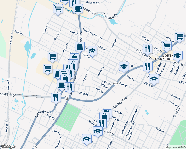 map of restaurants, bars, coffee shops, grocery stores, and more near 901 30th Street in Parkersburg