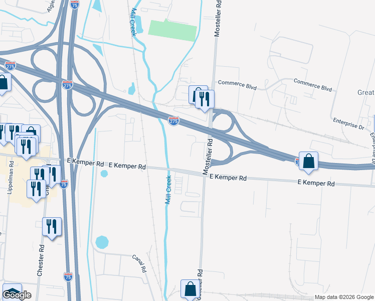 map of restaurants, bars, coffee shops, grocery stores, and more near Interstate 275 in Sharonville