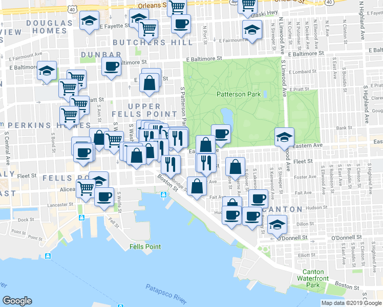 map of restaurants, bars, coffee shops, grocery stores, and more near 2315 Eastern Avenue in Baltimore