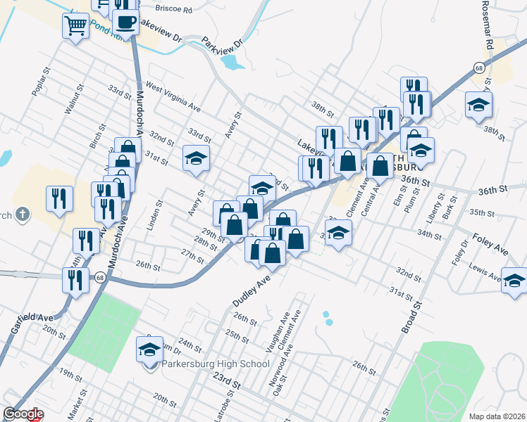 map of restaurants, bars, coffee shops, grocery stores, and more near 1106 32nd Street in Parkersburg