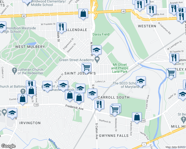 map of restaurants, bars, coffee shops, grocery stores, and more near W Baltimore St & N Hilton St in Baltimore