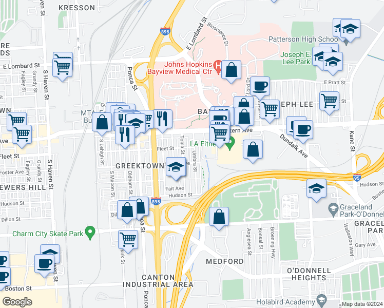 map of restaurants, bars, coffee shops, grocery stores, and more near 614 Umbra St in Baltimore