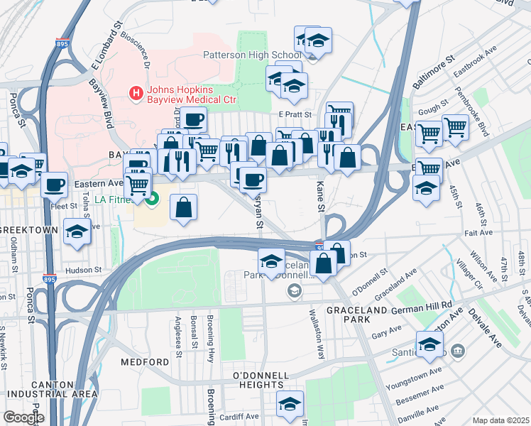 map of restaurants, bars, coffee shops, grocery stores, and more near 601 Dundalk Avenue in Baltimore