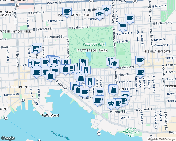 map of restaurants, bars, coffee shops, grocery stores, and more near 2517 Eastern Avenue in Baltimore