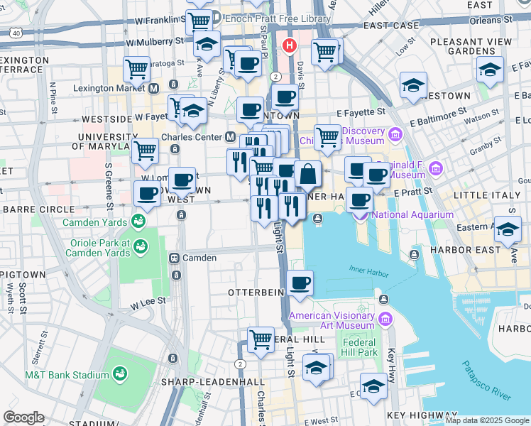 map of restaurants, bars, coffee shops, grocery stores, and more near 1 East Pratt Street in Baltimore