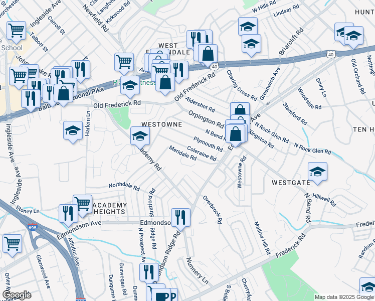 map of restaurants, bars, coffee shops, grocery stores, and more near 618 Coleraine Road in Baltimore