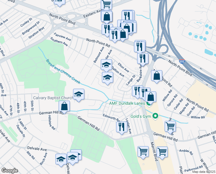 map of restaurants, bars, coffee shops, grocery stores, and more near 7431 Poplar Avenue in Baltimore