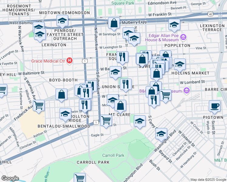 map of restaurants, bars, coffee shops, grocery stores, and more near 1612 Lemmon Street in Baltimore