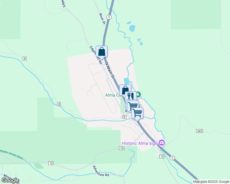 map of restaurants, bars, coffee shops, grocery stores, and more near 221 North Pine Street in Fairplay