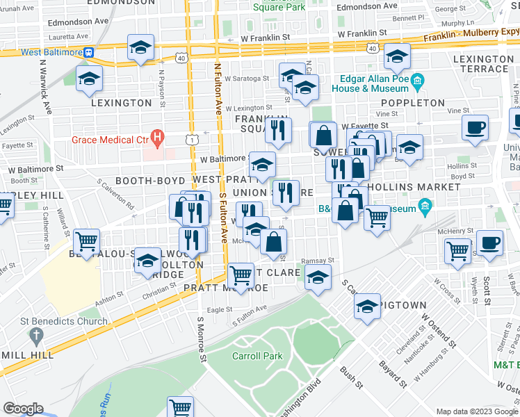 map of restaurants, bars, coffee shops, grocery stores, and more near 1606 Lemmon Street in Baltimore