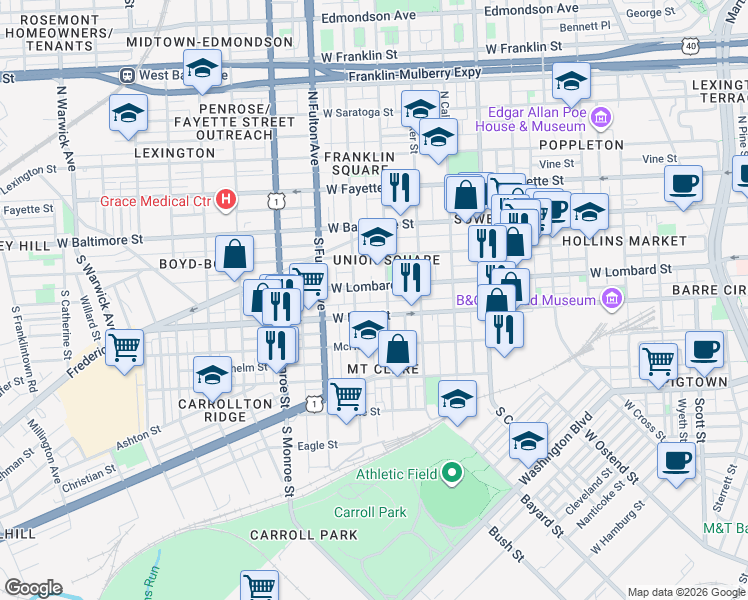 map of restaurants, bars, coffee shops, grocery stores, and more near 1606 Lemmon Street in Baltimore