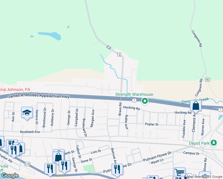 map of restaurants, bars, coffee shops, grocery stores, and more near 932 Belrock Avenue in Belpre