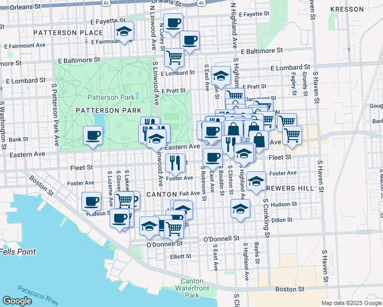 map of restaurants, bars, coffee shops, grocery stores, and more near 508 South Ellwood Avenue in Baltimore
