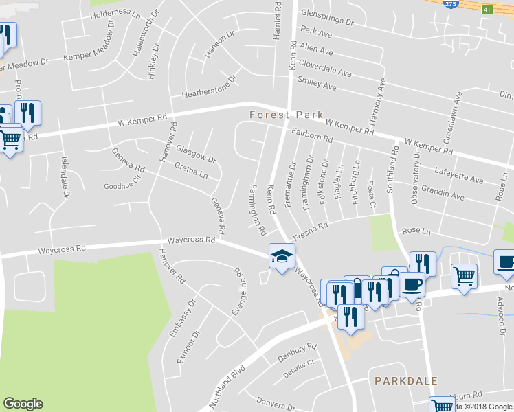 map of restaurants, bars, coffee shops, grocery stores, and more near 11426 Farmington Road in Cincinnati