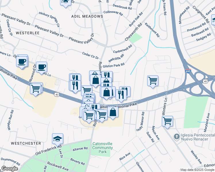 map of restaurants, bars, coffee shops, grocery stores, and more near 1111 North Rolling Road in Catonsville