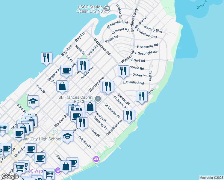 map of restaurants, bars, coffee shops, grocery stores, and more near 14 Atlantic Avenue in Ocean City