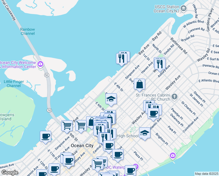 map of restaurants, bars, coffee shops, grocery stores, and more near 423 Bay Avenue in Ocean City
