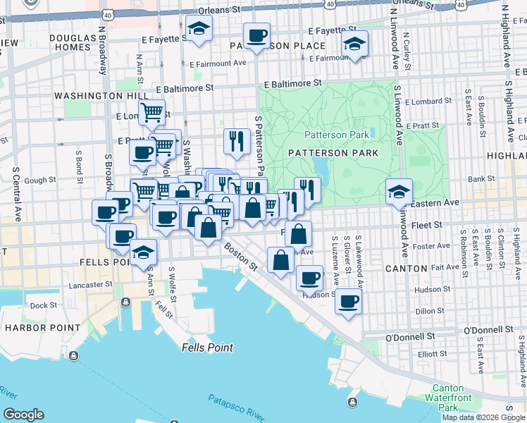 map of restaurants, bars, coffee shops, grocery stores, and more near Eastern Ave & S Patterson Park Ave in Baltimore