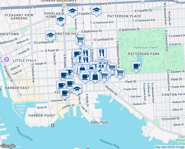 map of restaurants, bars, coffee shops, grocery stores, and more near 1936 Eastern Avenue in Baltimore