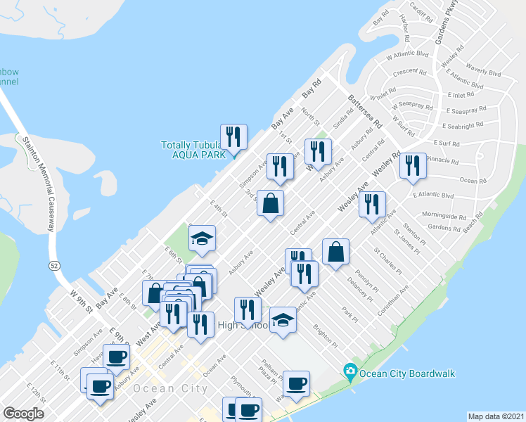 map of restaurants, bars, coffee shops, grocery stores, and more near 300 West Avenue in Ocean City