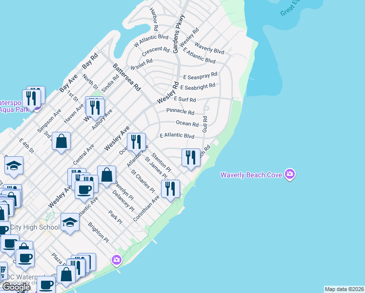 map of restaurants, bars, coffee shops, grocery stores, and more near 139 East Atlantic Boulevard in Ocean City