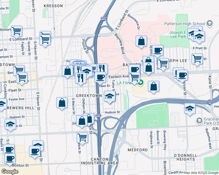 map of restaurants, bars, coffee shops, grocery stores, and more near 607 Savage Street in Baltimore