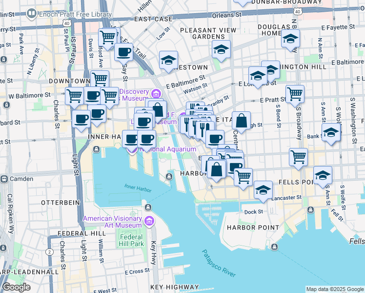 map of restaurants, bars, coffee shops, grocery stores, and more near 250 South President Street in Baltimore