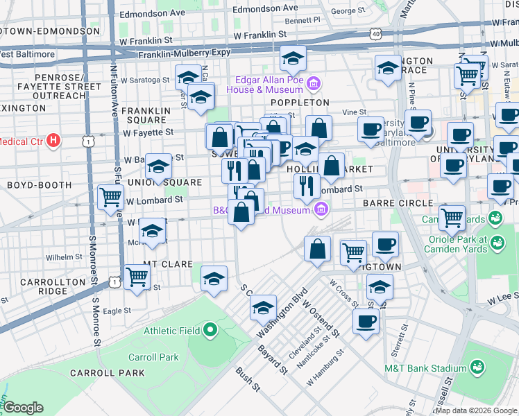 map of restaurants, bars, coffee shops, grocery stores, and more near 119 South Carrollton Avenue in Baltimore