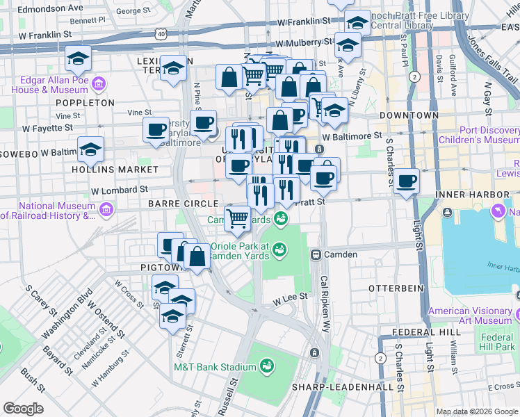 map of restaurants, bars, coffee shops, grocery stores, and more near 519 West Pratt Street in Baltimore