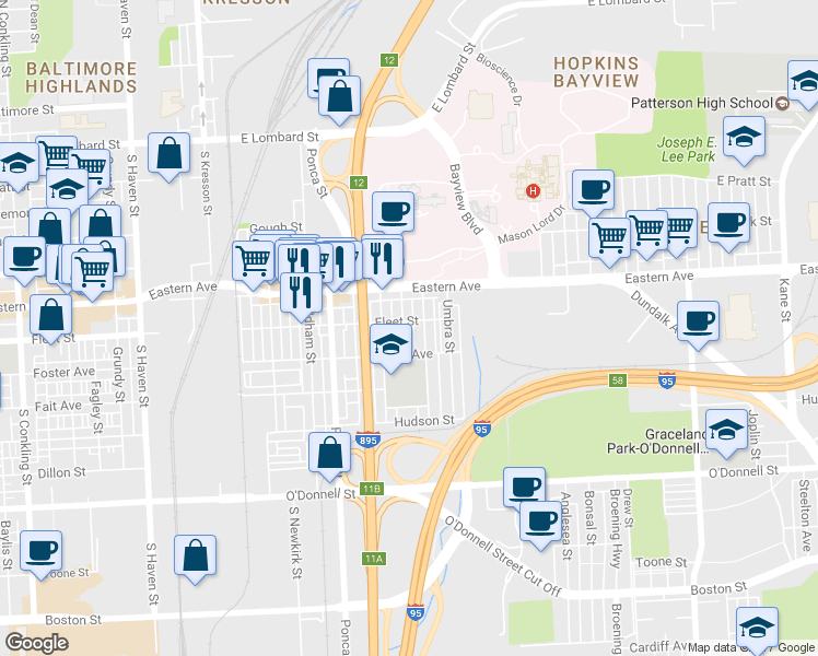 map of restaurants, bars, coffee shops, grocery stores, and more near 607 Savage Street in Baltimore