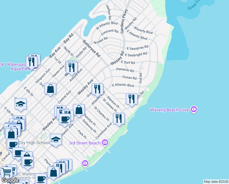map of restaurants, bars, coffee shops, grocery stores, and more near 111 East Atlantic Boulevard in Ocean City