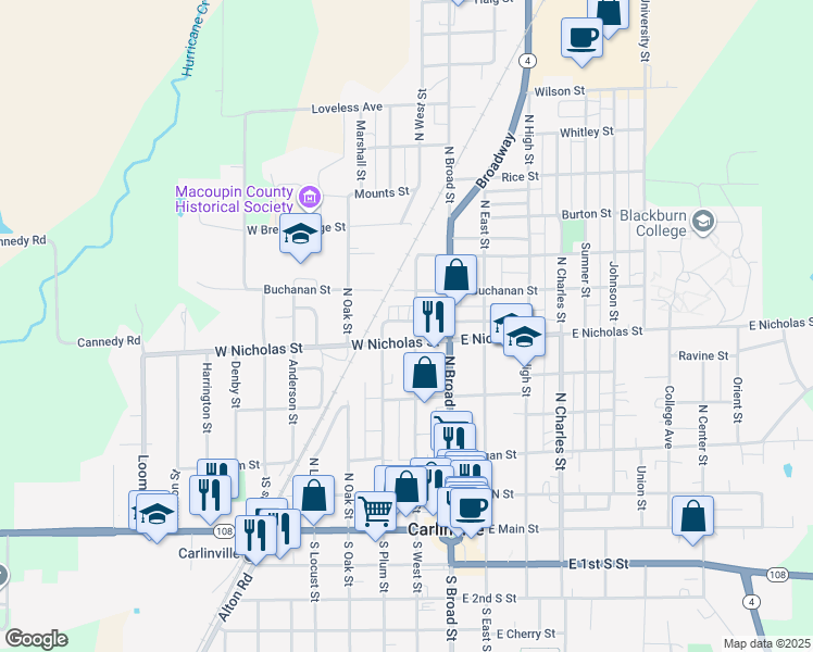 map of restaurants, bars, coffee shops, grocery stores, and more near 356 West Jackson Street in Carlinville