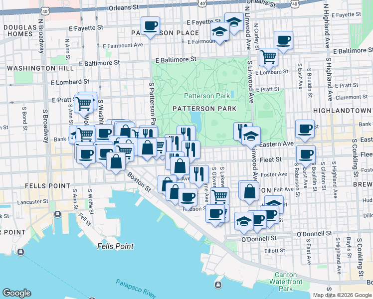 map of restaurants, bars, coffee shops, grocery stores, and more near 2524 Eastern Avenue in Baltimore