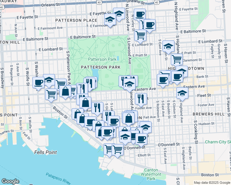 map of restaurants, bars, coffee shops, grocery stores, and more near 2719 Eastern Avenue in Baltimore