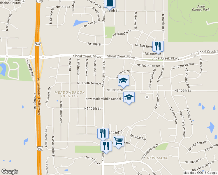 map of restaurants, bars, coffee shops, grocery stores, and more near 10620 North Locust Court in Kansas City