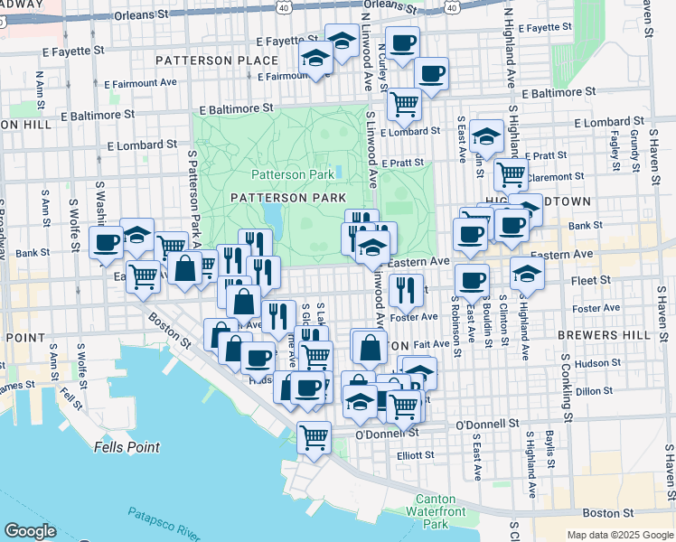 map of restaurants, bars, coffee shops, grocery stores, and more near 2723 Eastern Avenue in Baltimore