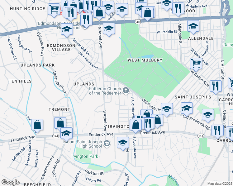 map of restaurants, bars, coffee shops, grocery stores, and more near 2 North Woodington Road in Baltimore